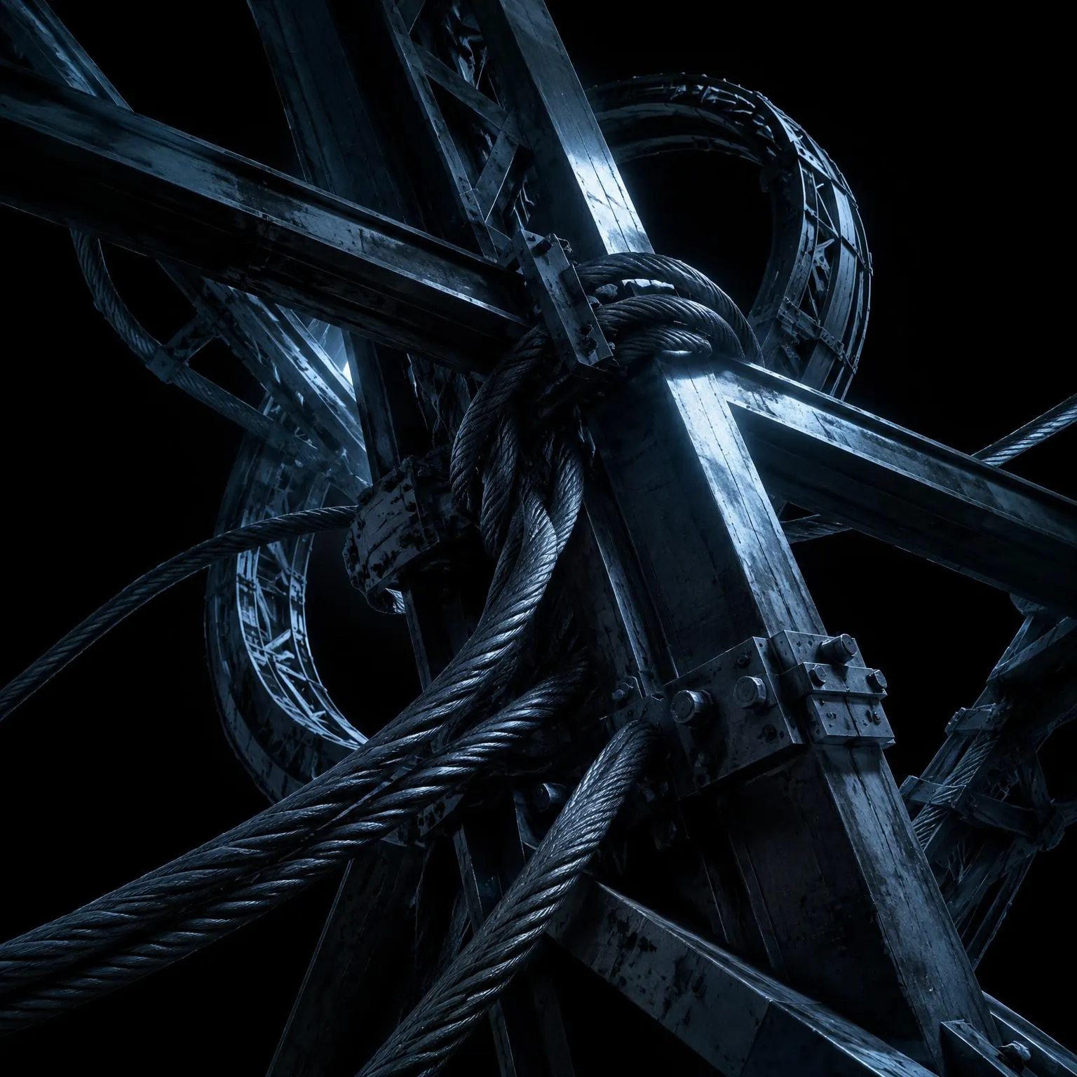 Estructura industrial de hierros y cables iluminada por una luz azul fría